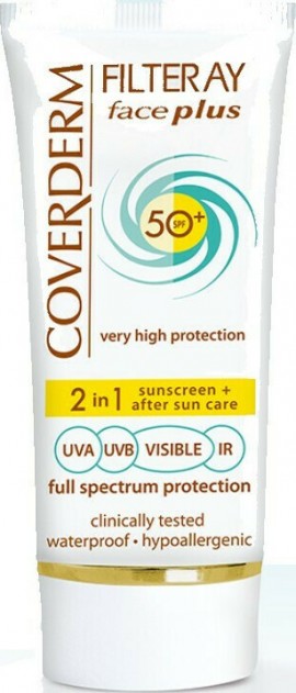 COVERDERM Filteray Face Plus SPF50+ Oily/Acneic Αδιάβροχη Αντηλιακή Κρέμα Προσώπου & After Sun (2σε1) Απόχρωση Light Biege για Λιπαρές/Ακνεϊκές Επιδερμίδες, Για 4 τύπους ηλιακής ακτινοβολίας, UVA, UVB, IR (υπέρυθρη) και Ορατή 50ml