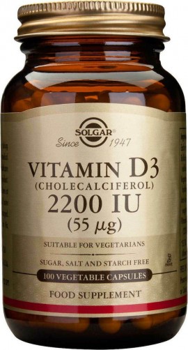 Solgar Vitamin D3 2200IU (55μg) Συμπλήρωμα Διατροφής Βιταμίνης D3 με Πολλαπλά Οφέλη για τον Οργανισμό, Ιδανικό για την Υγεία των Οστών & των Αρθρώσεων, 100veg.caps