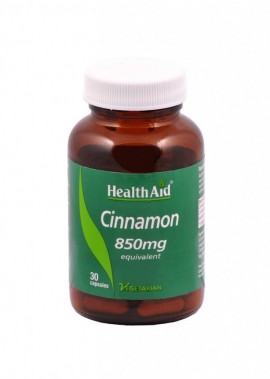Health Aid Cinnamon Συμπλήρωμα Διατροφής 850mg 30caps. Tιτλοδοτημένο εκχύλισμα και σκόνη κανέλας προϊόν που αποτελεί φυσική βοήθεια για τον διαβήτη.