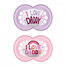 Mam Orthodontic Silicone Soother 16m+ I love Mummy & Daddy 2 Τεμάχια, Κωδ 265SG2 - Μωβ / Ροζ Ορθοδοντική Πιπίλα Σιλικόνης για Χαλάρωση & Ανακούφιση