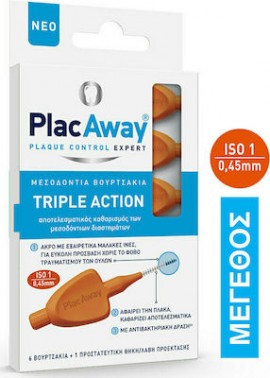 Plac Away Μεσοδόντια Βουρτσάκια Triple Action 0.45mm ISO 1, Πορτοκαλί, 6τεμ