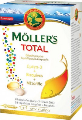 Mollers Total Ολοκληρωμένο Συμπλήρωμα Διατροφής Ωμέγα 3, Βιταμινών & Μετάλλων, (28 caps + 28 tabs)