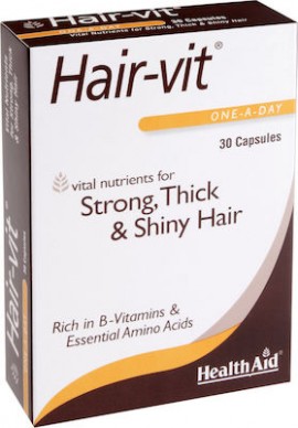 Health Aid Hair-vit Συμπλήρωμα Διατροφής 30caps. Συνδυασμός βιταμινών κυρίως του συμπλέγματος Β, ιχνοστοιχεία, μέταλλα και αμινοξέα για δύναμη, όγκο και λάμψη στα μαλλιά από τη ρίζα μέχρι την άκρη.