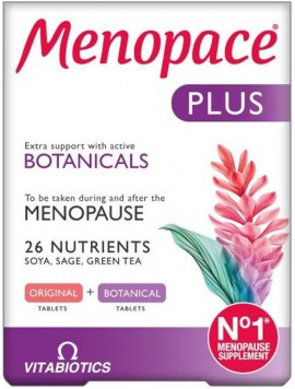 Vitabiotics Menopace Plus Ολοκληρωμένο Σύστημα Αντιμετώπισης Έντονων Συμπτωμάτων Εμμηνόπαυσης 28 tabs+28 tabs. Περιλαμβάνει ταμπλέτες με ισοφλαβόνες σόγιας και ταμπλέτες με φυτοοιστρογόνα που λαμβάνονται συνδυαστικά.