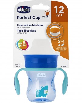 CHICCO Perfect Cup Εκπαιδευτικό Κύπελλο Χωρίς Διαρροές με Λαβές 12+ Μηνών ΜΠΛΕ, 200ml