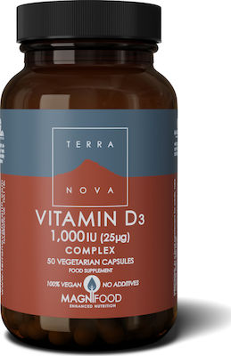 Terranova Vitamin D3 Complex 1000iu (25ug) Συμπλήρωμα Διατροφής Με Βιταμίνη D3 Συνδυασμένη με Υπερτροφές, 50caps.