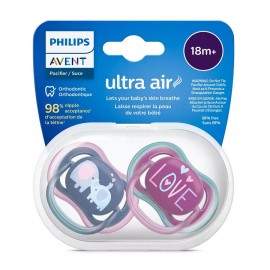 AVENT Ultra Air Ορθοδοντικές Πιπίλες Σιλικόνης Με Θήκη Για 18+ Μηνών 2 Τεμάχια Μπλε-Μωβ