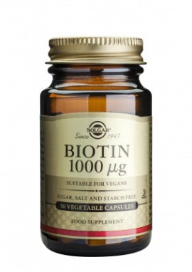 Solgar Biotin 1000μg Συμπλήρωμα Διατροφής με Βιοτίνη που Συμβάλλει στην Καλή Υγεία των Μαλλιών & του Δέρματος - Ιδανικό σε Περιπτώσεις Σμηγματοροϊκής Δερματίτιδας, 50veg.capsSolgar