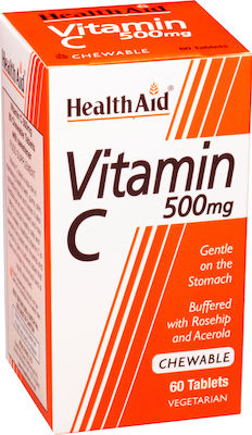 Health Aid Vitamin C 500mg Chewable Orange Συμπλήρωμα Διατροφής 60tab. Η μασώμενη Βιταμινη C, εκτός των άλλων, είναι απαραίτητη στους καπνιστές, αυξάνει την απορρόφηση του σιδήρου και συμβάλλει στην πρόληψη του κοινού κρυολογήματος.