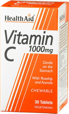 Health Aid Vitamin C 1000mg Chewable Orange Συμπλήρωμα Διατροφής 30tab. Μασώμενη Βιταμίνη C με ισχυρή αντιοξειδωτική δράση, απαραίτητη στους καπνιστές, αυξάνει την απορρόφηση του σιδήρου και συμβάλλει στην πρόληψη του κοινού κρυολογήματος.