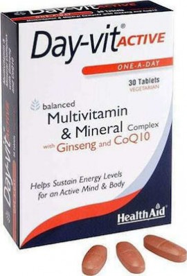 Health Aid Day-vit Active, Multivitamin & Mineral & Co Q10-Ginseng, Πολυβιταμίνες, Σωματική & Πνευματική Τόνωση 30tabs