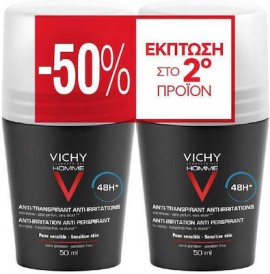 VICHY - Promo Homme Anti-irritation Anti Perspirant 48h, Υποαλλεργικό Αποσμητικό Roll-On Ευαίσθητη Επιδερμίδα, 2x50ml