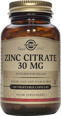 Solgar Zinc Citrate 30mg . Ιδιαίτερα Απορροφήσιμη μορφή Ψευδαργύρου εξαιρετικής ποιότητας 100 Veg. Caps