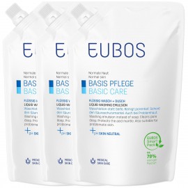 Eubos Normal Skin Basic Care Liquid Washing Emulsion Refill Υγρό Καθαρισμού Προσώπου και Σώματος Χωρίς Άρωμα (2+1 ΔΩΡΟ) 3x400ml