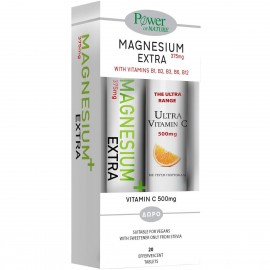 1+1 Power of Nature Magnesium Extra 375mg with Stevia-Συμπλήρωμα Διατροφής με Μαγνήσιο & Βιταμίνες, 20 Αναβράζοντα Δισκία & ΔΩΡΟ Vitamin C 500mg, 20 Αναβράζοντα Δισκία