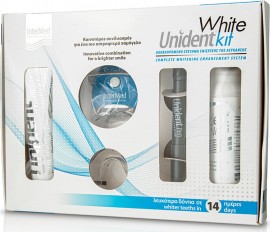 Intermed White Unident Kit Σετ Προϊόντων Λεύκανσης Δοντιών. To Unident White kit είναι ένα ολοκληρωμένο σύστημα ενίσχυσης της λεύκανσης, που επιτυγχάνει λεύκανση των δοντιών έως και 8 τόνους σε μόλις 14 ημέρες