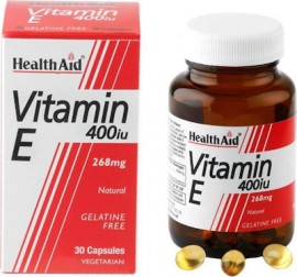 Health Aid Vitamin E Συμπλήρωμα Διατροφής 400iu 30Caps. Η Βιταμίνη Ε δρα ως ενεργό αντιοξειδωτικό, εμποδίζοντας την οξείδωση της βιταμίνης Α, του σεληνίου, των αμινοξέων και της βιταμίνης C και διατηρεί την υγεία των κυττάρων και του δέρματος.