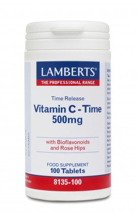 Lamberts C 500mg Time Release Βιταμινούχες Ταμπλέτες 100tabs. Ταμπλέτες που παράγονται με ειδική διαδικασία, επιτρέποντάς στη Βιταμίνη C να απελευθερωθεί αργά, μετά τη κατάποση της και έτσι η απορρόφησή της να διαρκεί 6 με 8 ώρες.