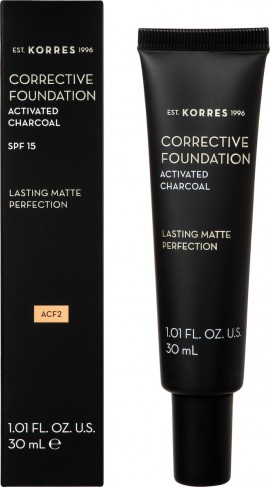 Korres Corrective Foundation With Activated Charcoal Spf15, 30ml - Acf2 Διορθωτικό Make-up Υψηλής Κάλυψης & Διάρκειας, Καλύπτει Σημάδια & Ατέλειες με Ματ Αποτέλεσμα