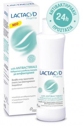 Lactacyd Pharma with Antibacterials Καθαριστικό Ευαίσθητης Περιοχής με Αντιβακτηριακά 250ml. Περιέχει φυσικούς αντιβακτηριακούς παράγοντες που αναστέλλουν την ανάπτυξη βακτηρίων και προλαμβάνουν φλεγμονές και δυσοσμία.